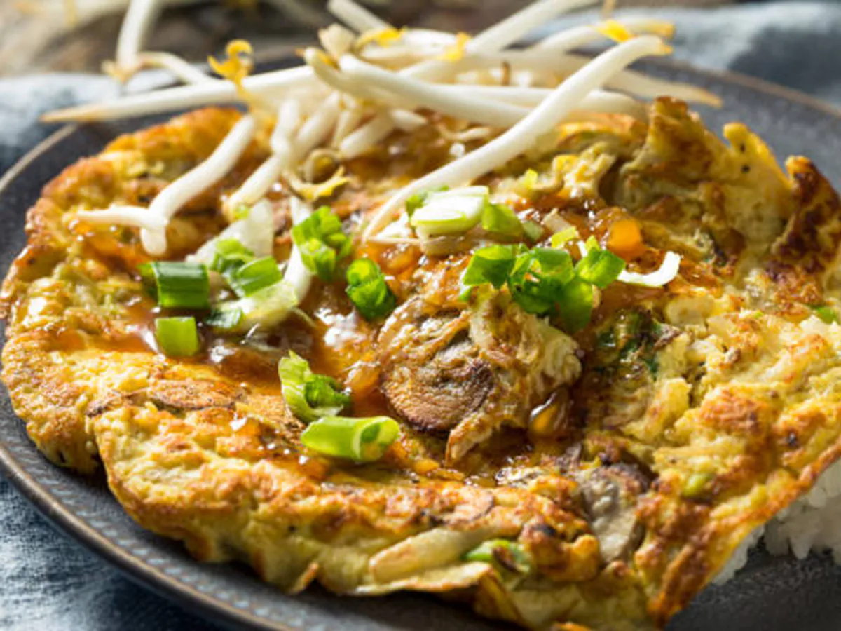 Crispy egg foo young with bean sprouts and green onions at No 1 Chinese Restaurant in Chesapeake